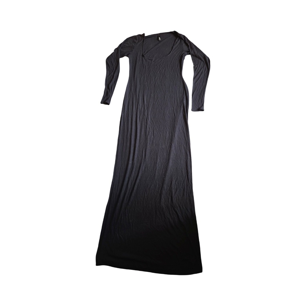 Skims Soft Lounge Long Sleeve Maxi Dress Black Ribbed Scoop Neck XL